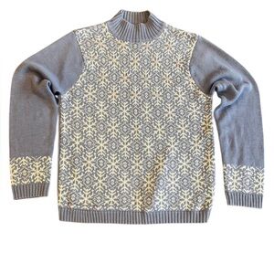 Lng Wovens Fair Isle Snowflake Bead & Sequin Sweater Ice Blue‎ White Mock Neck